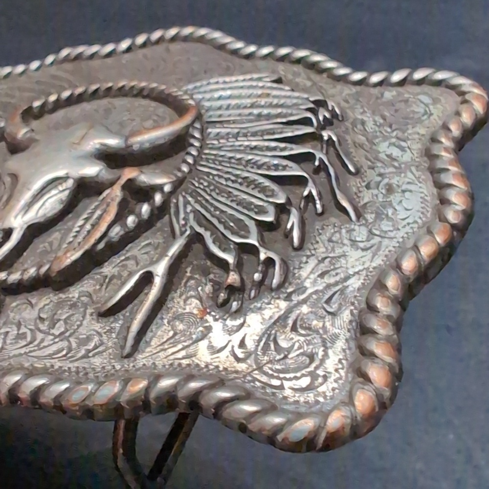 Western/Navajo Style Metal Belt Buckle, Features A Longhorn Skull with Feathers. - Picture 2 of 7